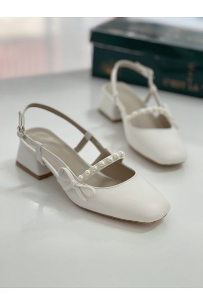 leopar by çetinay Liora Vintage Style Pearl White Skin Heeled Women's Shoes – Square Toe and Open Back