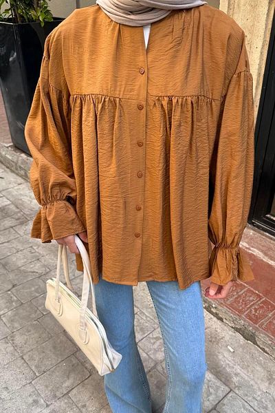 lamelif Roba Detailed Hijab Shirt Bitter Brown