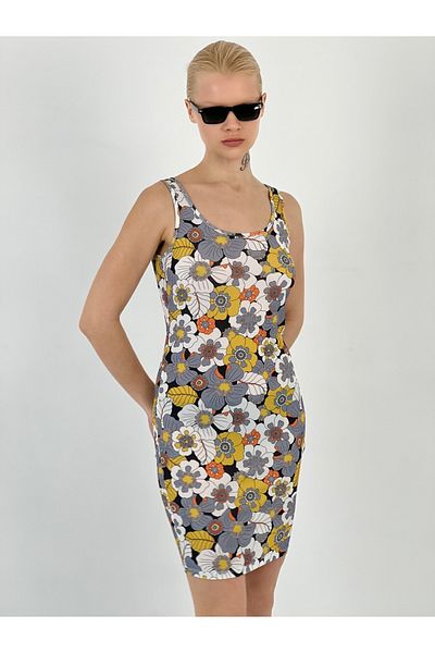 Miss Poem Women's Floral Patterned Gray Strap Dress