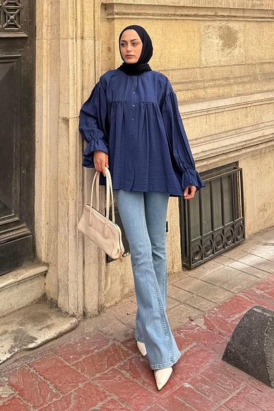 lamelif Roba Detailed Hijab Shirt Indigo