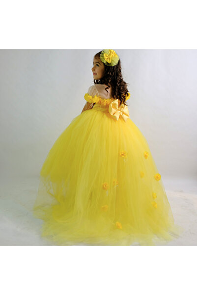 sara tasarım Çiçekli Kız Çocuk Abiye - Kristal Tüllü Abiye Kız Çocuk Elbise Nişan Düğün Çocuk Elbise