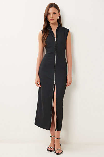 Lovelyİstanbul Fermuar Detaylı Saran Fitilli Örme Midi Elbise