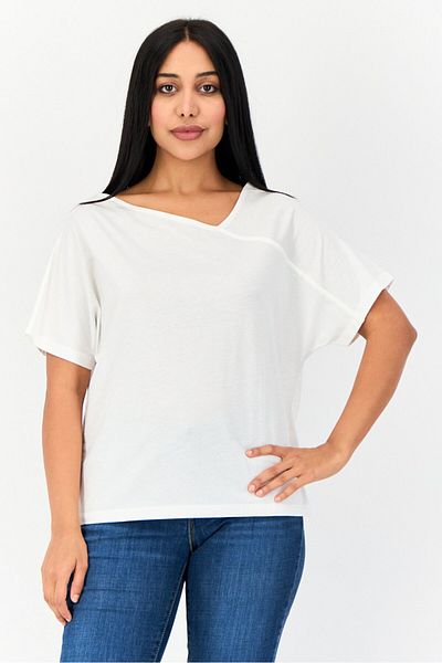 Giordano Women V Neck Short Sleeves Solid T-Shirts, White