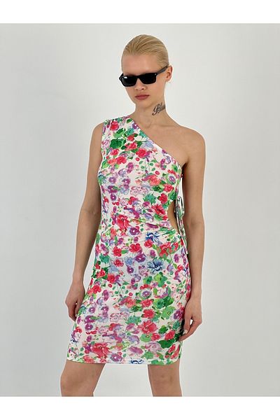 Miss Poem Women's Open Side Floral Patterned Ecru Short Dress