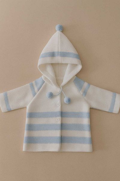 Cevval Striped Hooded Pompom Double Layer Knitted Baby Cardigan