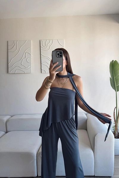 MOZENA Strapless Asymmetrical Blouse Trousers Scarf Set