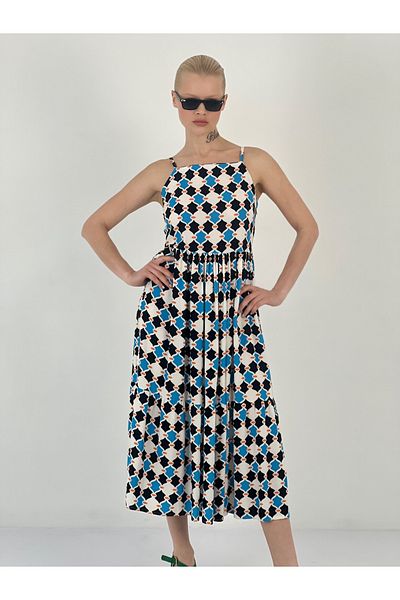 Miss Poem Women's Patterned Pleated Blue Midi Dress