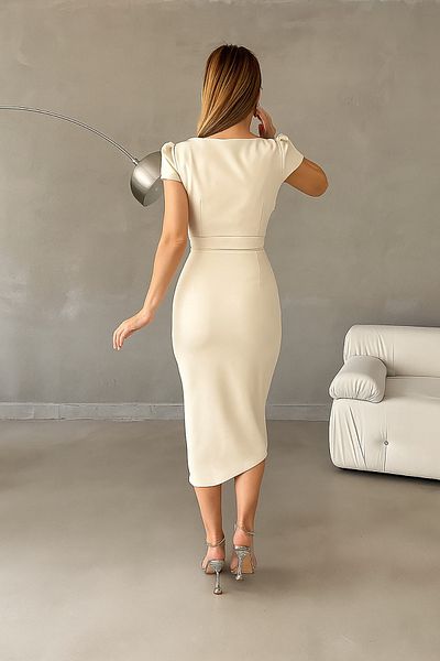 Deafox Μπεζ Εισαγόμενο Υφασμάτινο Φόρεμα με κοντό μανίκι και πλαϊνό σχιστό φόρεμα