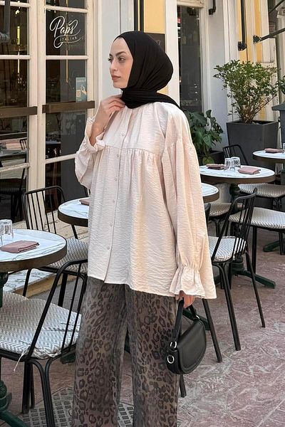 lamelif Roba Detailed Hijab Shirt Beige