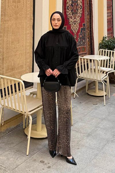 lamelif Roba Detailed Hijab Shirt Black