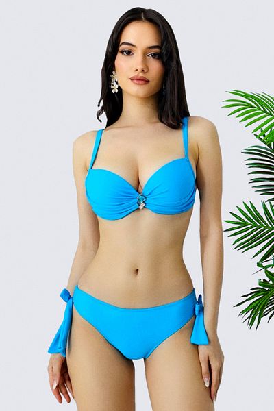 FashionForYou Costum de baie Ravena din două piese, cu slip reglabil și sutien push-up, Albastru deschis, 38
