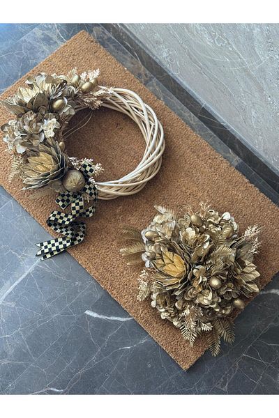 TASARIMHMODA Gold Design Floral Door Ornament and Doormat Set