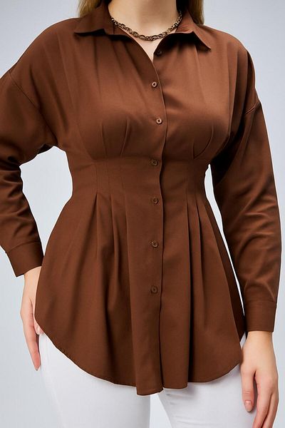 EMMAS CLOTHİNG Дамска плисирана кафява риза с талия