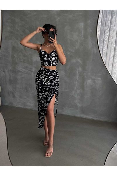 ESPOİRPLUS Authentic Patterned Suspender Blouse Adjustable Slit Long Skirt Crop-Skirt Set