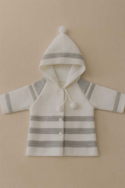 Cevval Striped Hooded Pompom Double Layer Knitted Baby Cardigan