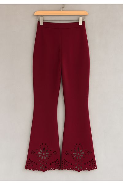 Little Visqon Women's High Waist Wide Leg Laser Flower Cut Detailed Imported Crepe Pants