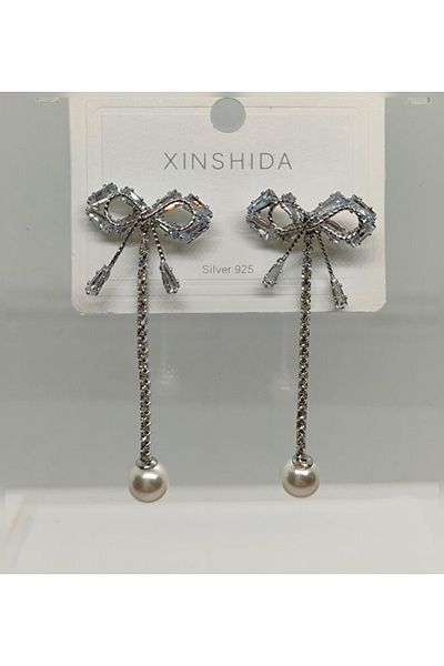Çelik Bow Pearl Detail Dangle Steel Earrings