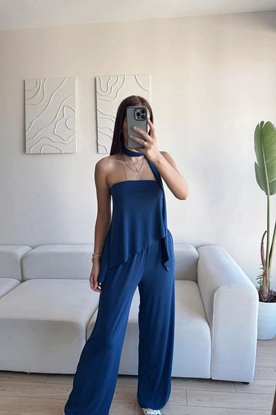 MOZENA Strapless Asymmetrical Blouse Trousers Scarf Set
