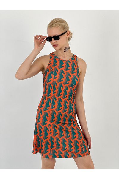 Miss Poem Women's Strappy Patterned Green Short Dress