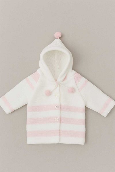 Cevval Striped Hooded Pompom Double Layer Knitted Baby Cardigan