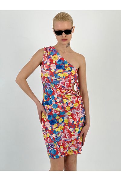 Miss Poem Women's Open Side Floral Patterned Red Short Dress