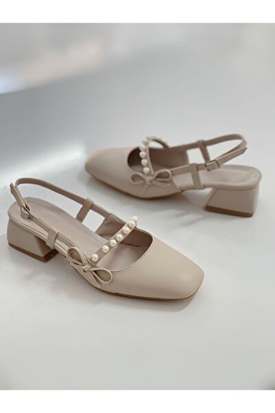 leopar by çetinay Liora Vintage Stil Incili Bej Taba Topuklu Kadın Ayakkabı – Kare Burun Ve Arkası Açık