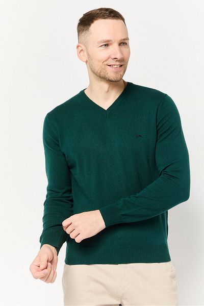 Harmont & Blaine Men V-Neck Long Sleeve Embroidered Logo Sweater, Teal Green