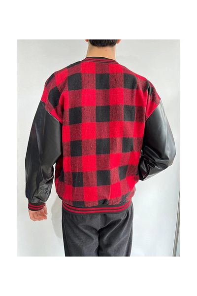 NOBLESTYLE Jachetă pentru colegiu cu model Gingham pentru bărbați - roșu