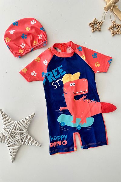Minigimin Cicileri Miniğimin Cicileri Happy Dino Boy's Zippered Swimsuit Cap Suit - Orange
