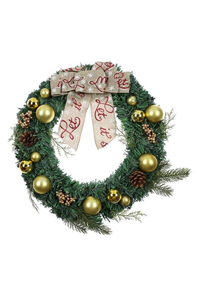 ideal STORE Coronita pentru Craciun idealStore, Diametru 40 CM, Decorata cu Globulete Aurii, Conuri de Brad si F