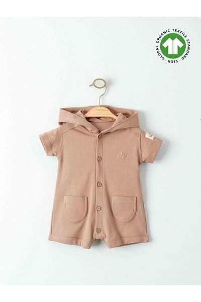 Zekids Baby Organic Cotton Front Button Hooded Short Sleeve Shorts Jumpsuit