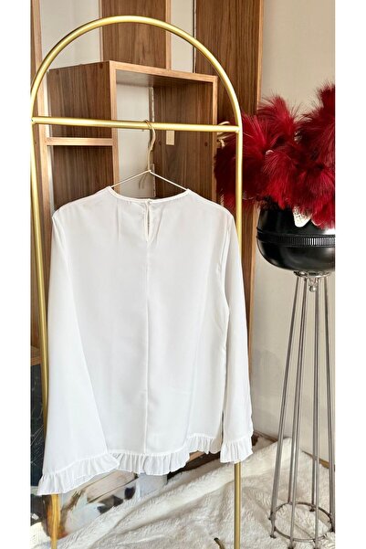 PAWWY Kadın Tesettür Ekru Fırfırlı Bluz Gömlek