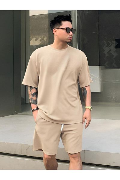 trendgar Men's Plain Beige Bottom Top Set