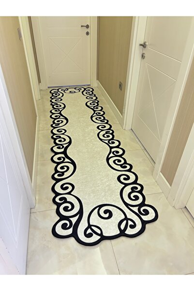 Bordo Halı BEYAZ SİYAH Yıkanabilir Kaymaz Taban Halı Mutfak Salon Dekor ara h...