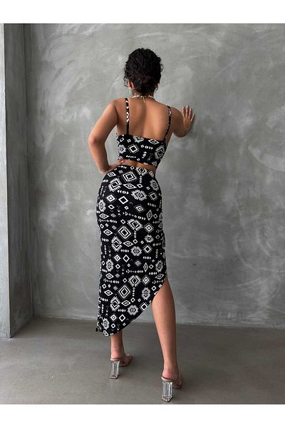 ESPOİRPLUS Authentic Patterned Suspender Blouse Adjustable Slit Long Skirt Crop-Skirt Set