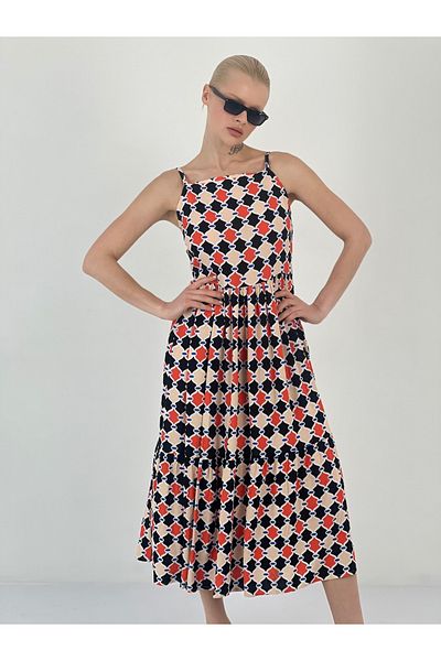 Miss Poem Women's Patterned Pleated Coral Midi Dress