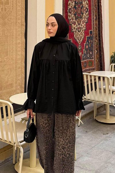 lamelif Roba Detailed Hijab Shirt Black