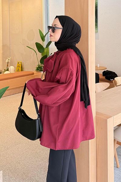 lamelif Collar Scarf Detailed Shirt Claret Red