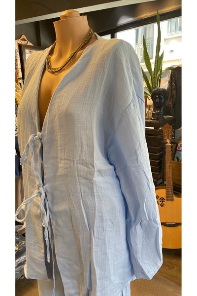 By-esq Women's Loose Summer Casual Muslin Fabric Pants and Tie-Up Shirt