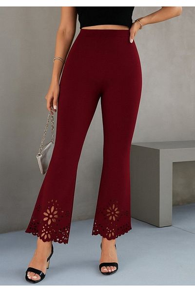 Little Visqon Women's High Waist Wide Leg Laser Flower Cut Detailed Imported Crepe Pants