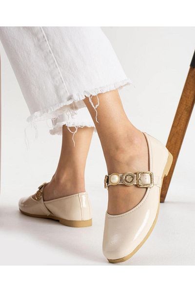 VENUCIA Women's Mary Jane Ballet Shoes Comfortable Daily Model with Pearl and Gold Button Buckle