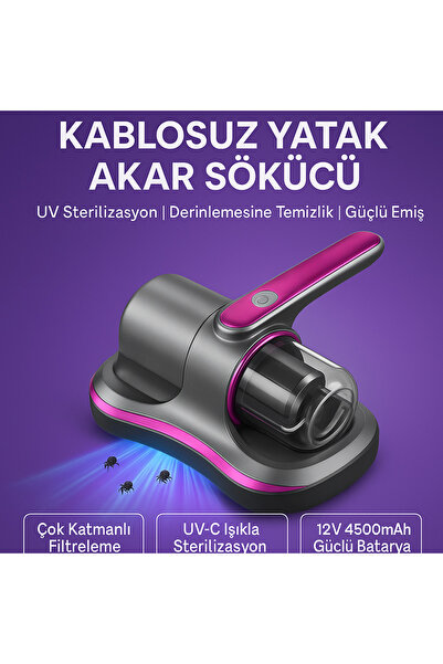 SMAYLİNG Kablosuz Yatak Akar Sökücü | UV Sterilizasyonlu, Güçlü Emişli, Sessi...
