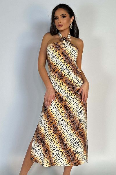 WildFashion Casual midi dress, sleeveless, with tie-back and tiger print Y637-100