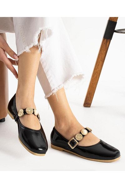 VENUCIA Women's Mary Jane Ballet Shoes Comfortable Daily Model with Pearl and Gold Button Buckle