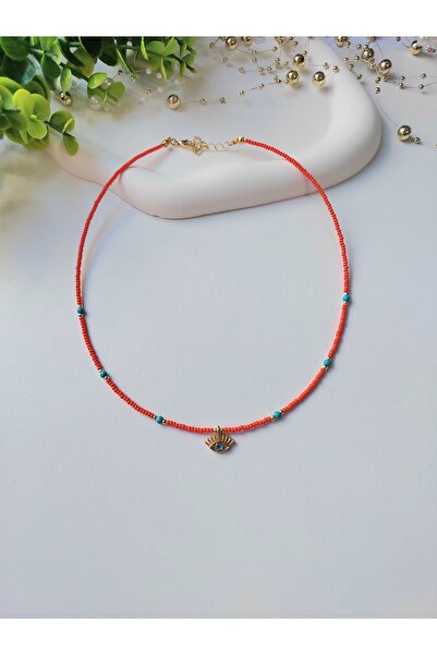 Lilamor Turuncu Göz ve Nazar Boncuk Detaylı Kum Boncuk Kolye