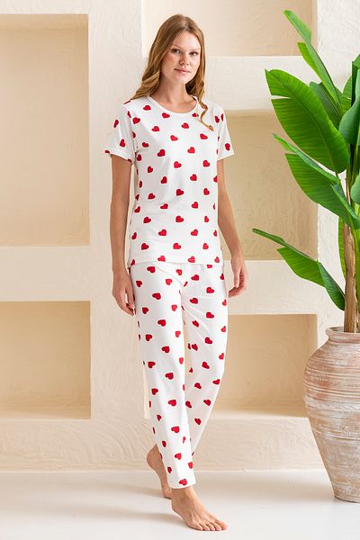 GİYSA Costum de pijama pentru femei, cu mânecă scurtă, cu model de inimă, alb roșu - 6016