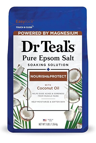 DR TEAM محلول نقع ملح الاستحمام إبسوم من دكتور تيلز بزيت جوز الهند، 1.36 كجم