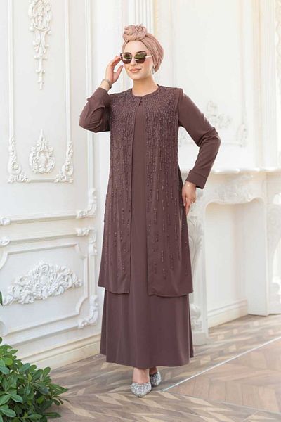N.S NEVA STYLE Χάντρες Κεντημένη Σοκολάτα Hijab Abaya 29119CK