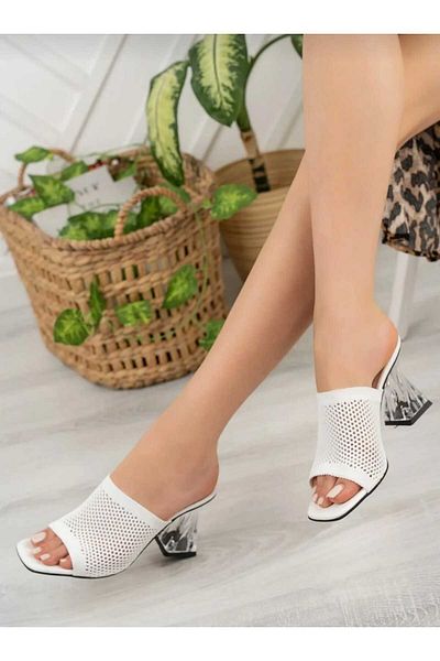 WEBORN Women's White Daily Comfortable Transparent Heeled Knitwear Stylish Evening Dress Summer Slippers