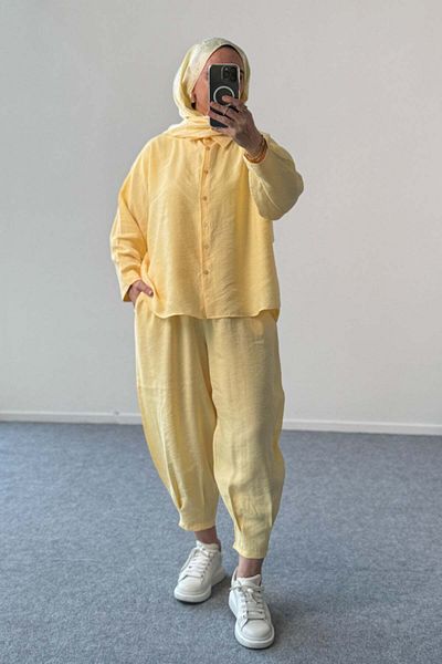 Hatun Atila Modal Fabric Oversize Shirt and Baggy Trousers Double Suit 5210 - Yellow